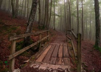 Subida a Urbia entre la niebla.